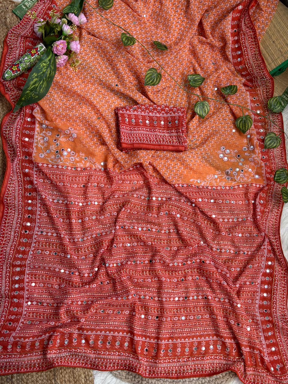 Blissful Party Wear Georgette Jacquard Zari n Mirror Work Border Fancy Saree With Blouse Piece