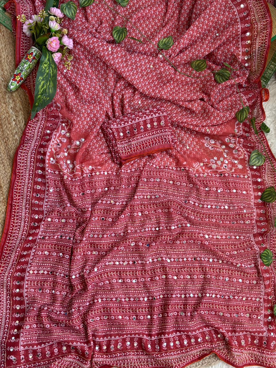 Blissful Party Wear Georgette Jacquard Zari n Mirror Work Border Fancy Saree With Blouse Piece