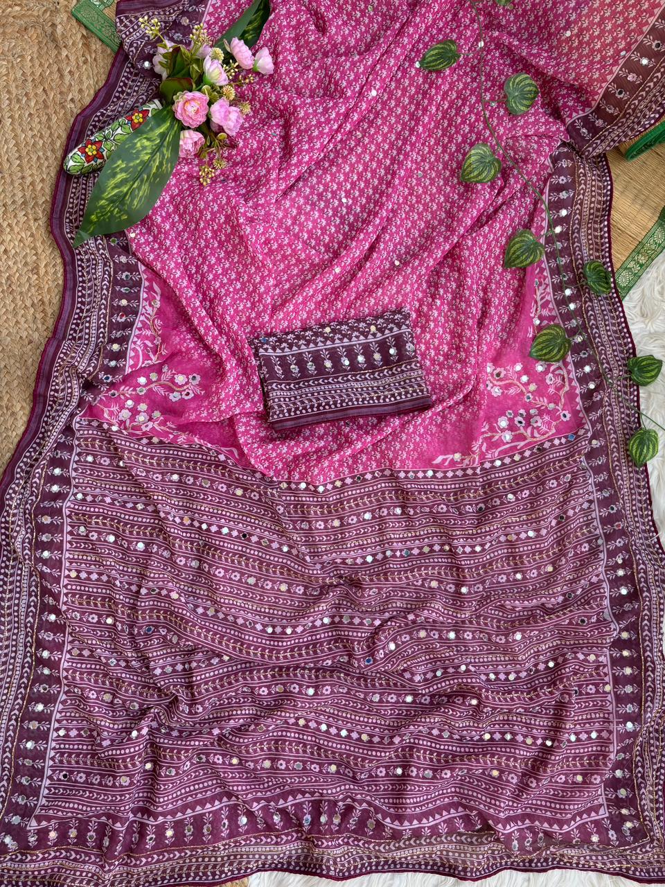 Blissful Party Wear Georgette Jacquard Zari n Mirror Work Border Fancy Saree With Blouse Piece
