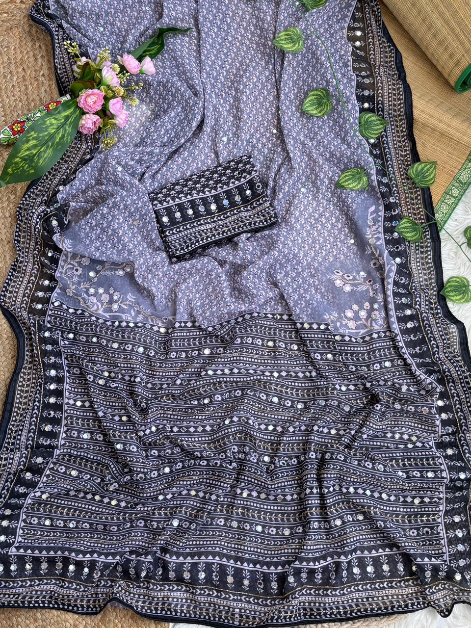 Blissful Party Wear Georgette Jacquard Zari n Mirror Work Border Fancy Saree With Blouse Piece