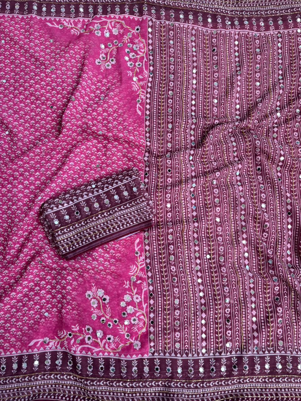 Blissful Party Wear Georgette Jacquard Zari n Mirror Work Border Fancy Saree With Blouse Piece