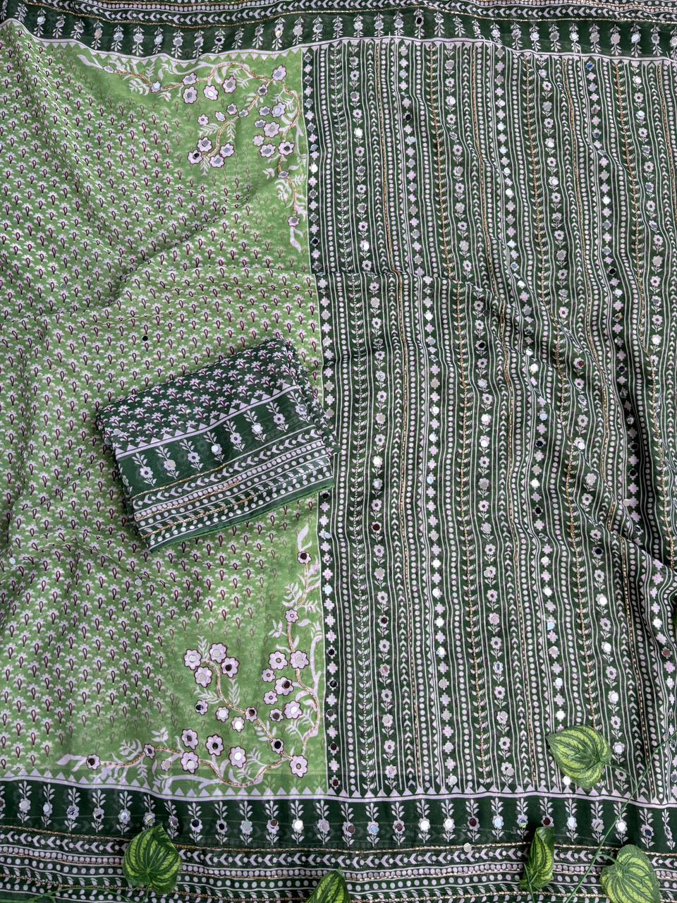 Blissful Party Wear Georgette Jacquard Zari n Mirror Work Border Fancy Saree With Blouse Piece