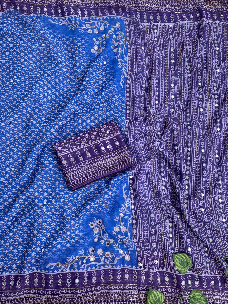 Blissful Party Wear Georgette Jacquard Zari n Mirror Work Border Fancy Saree With Blouse Piece