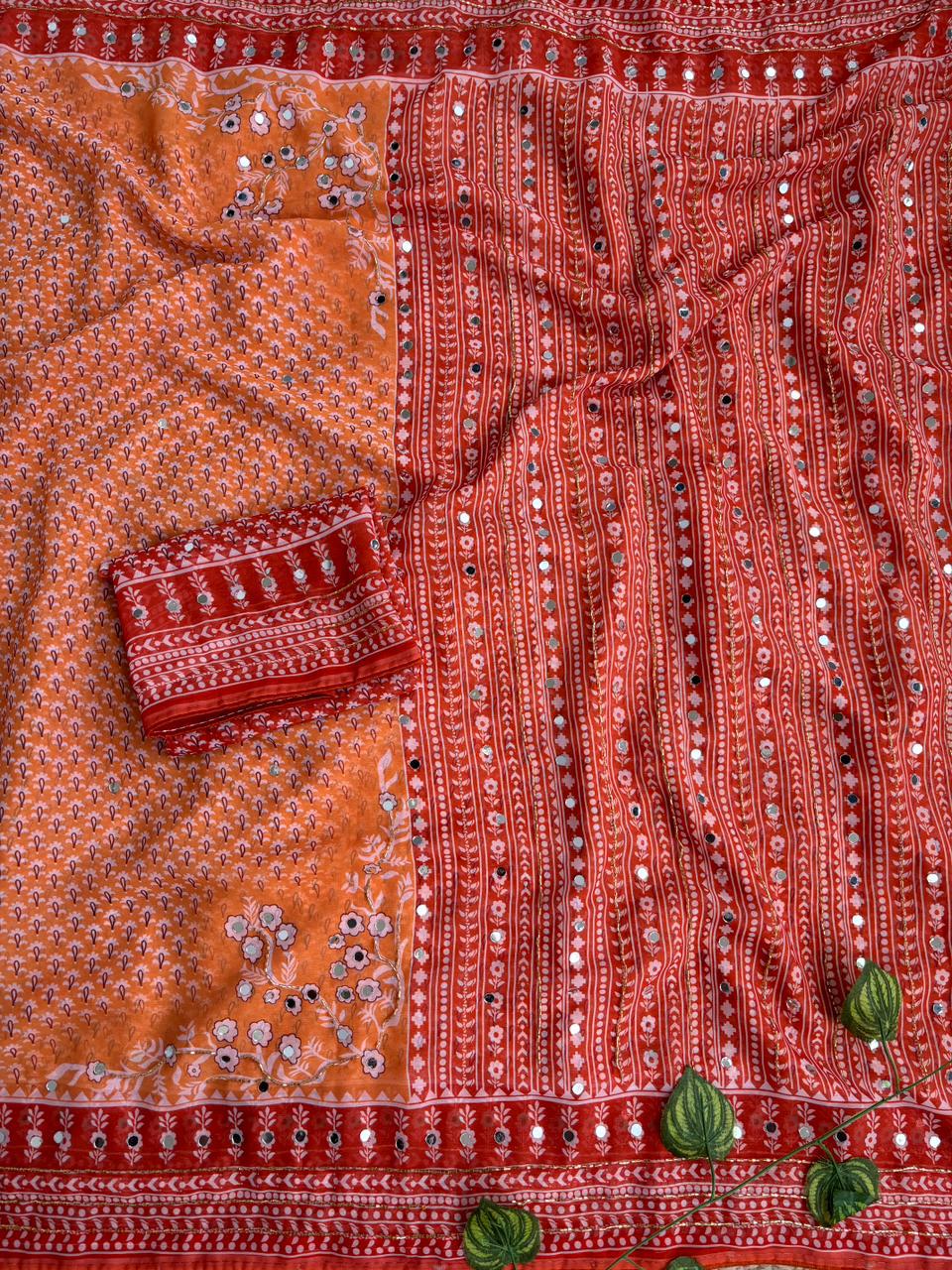 Blissful Party Wear Georgette Jacquard Zari n Mirror Work Border Fancy Saree With Blouse Piece