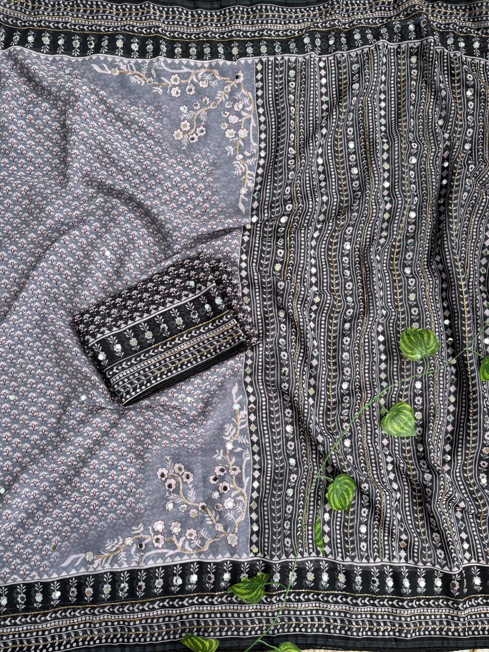 Blissful Party Wear Georgette Jacquard Zari n Mirror Work Border Fancy Saree With Blouse Piece