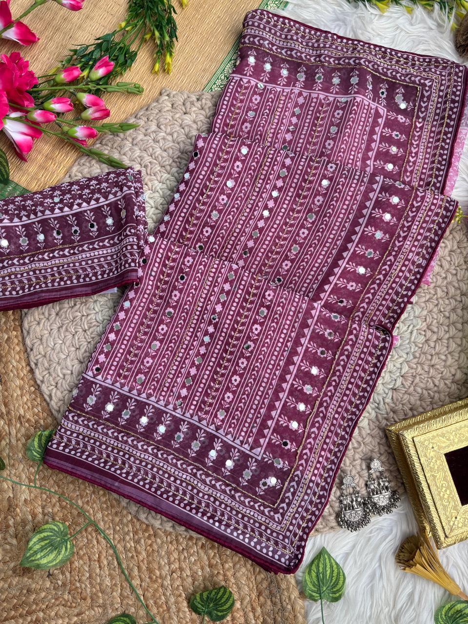 Blissful Party Wear Georgette Jacquard Zari n Mirror Work Border Fancy Saree With Blouse Piece