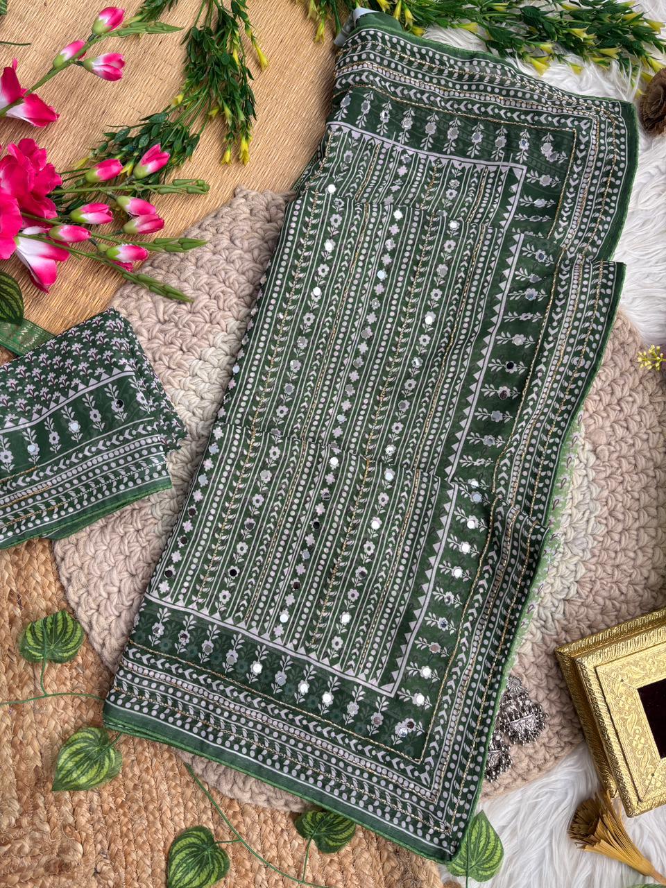 Blissful Party Wear Georgette Jacquard Zari n Mirror Work Border Fancy Saree With Blouse Piece