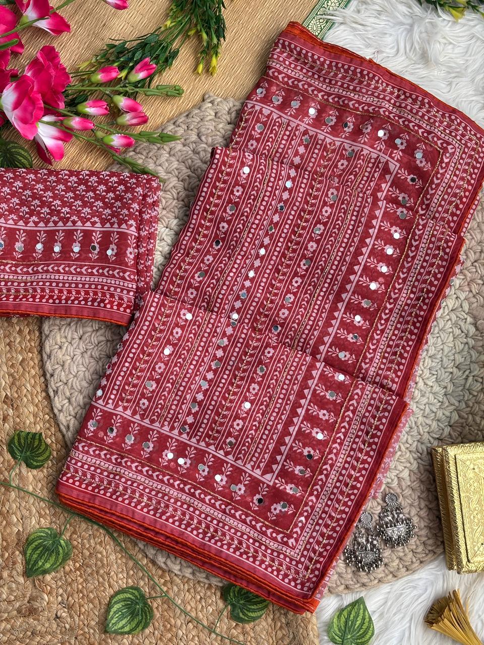 Blissful Party Wear Georgette Jacquard Zari n Mirror Work Border Fancy Saree With Blouse Piece