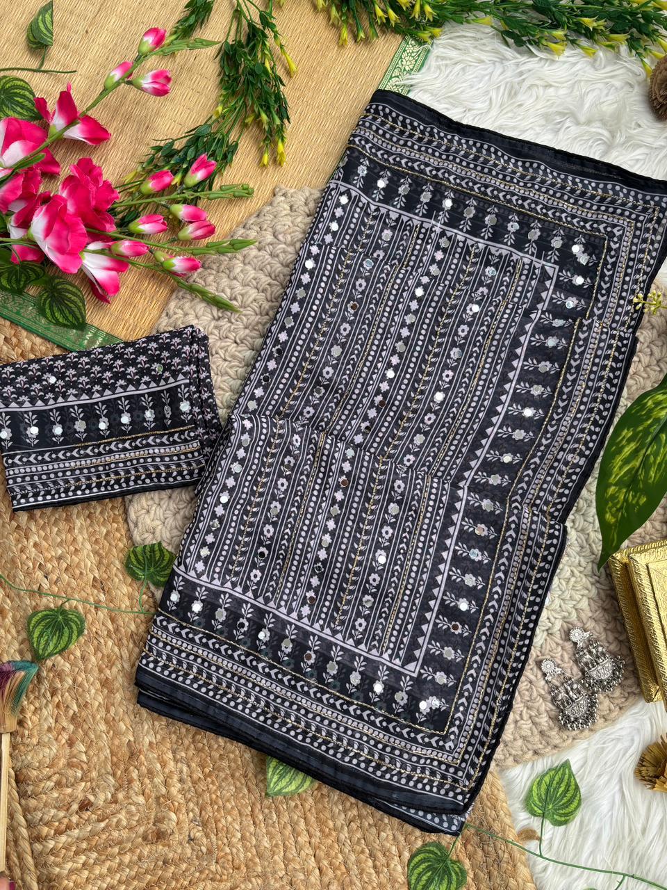 Blissful Party Wear Georgette Jacquard Zari n Mirror Work Border Fancy Saree With Blouse Piece