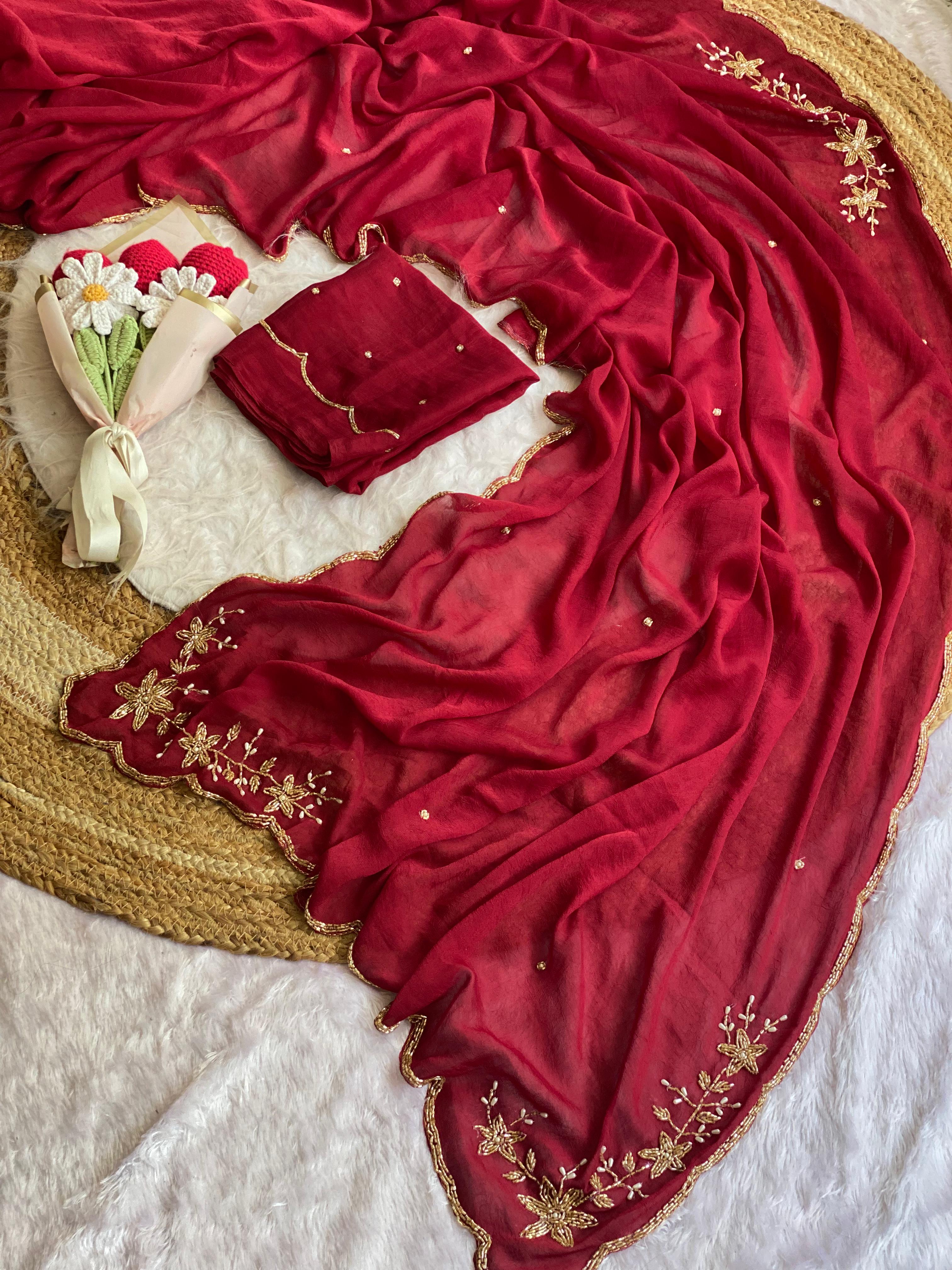 Glamorous Wedding Wear Soft Crush Silk Handwork Butta Fancy Designer Saree For Occasion