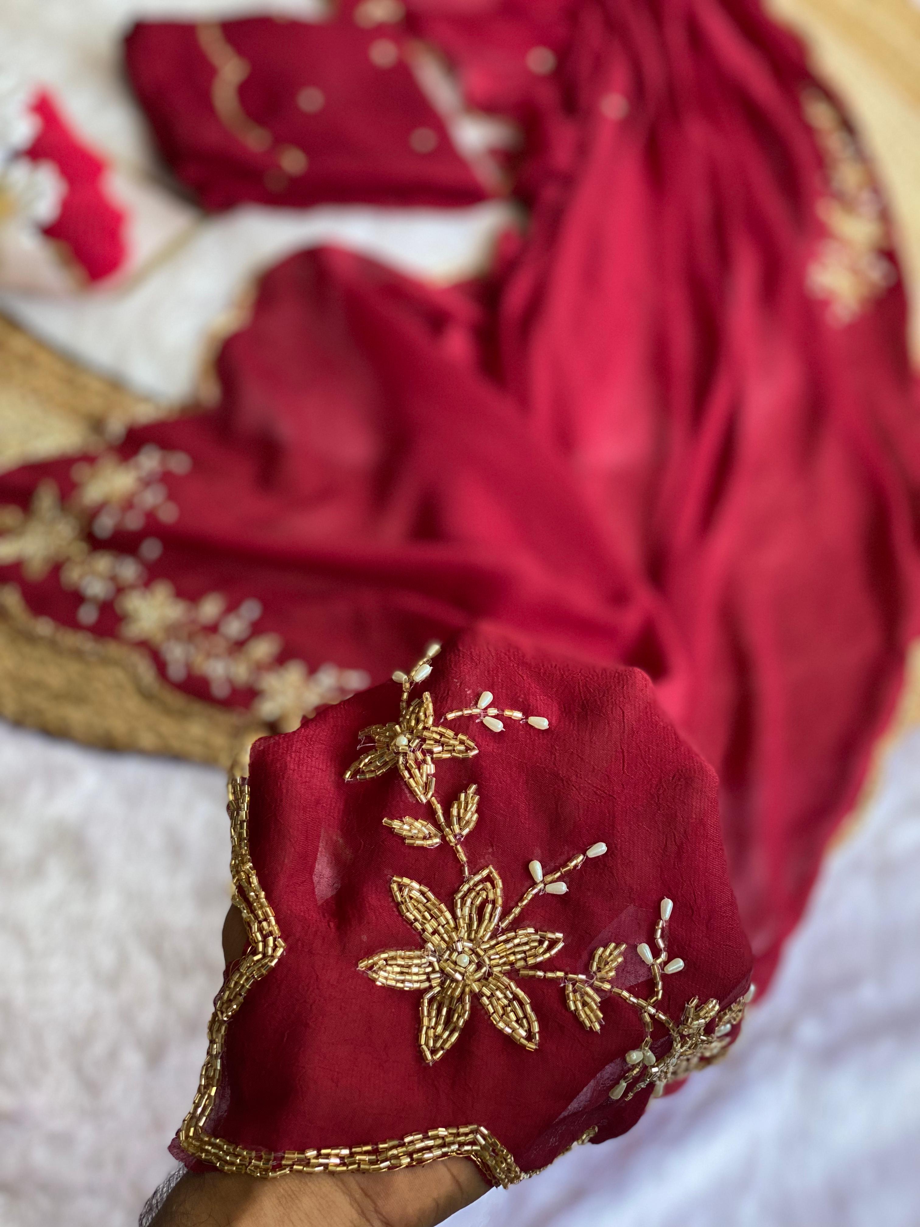 Glamorous Wedding Wear Soft Crush Silk Handwork Butta Fancy Designer Saree For Occasion