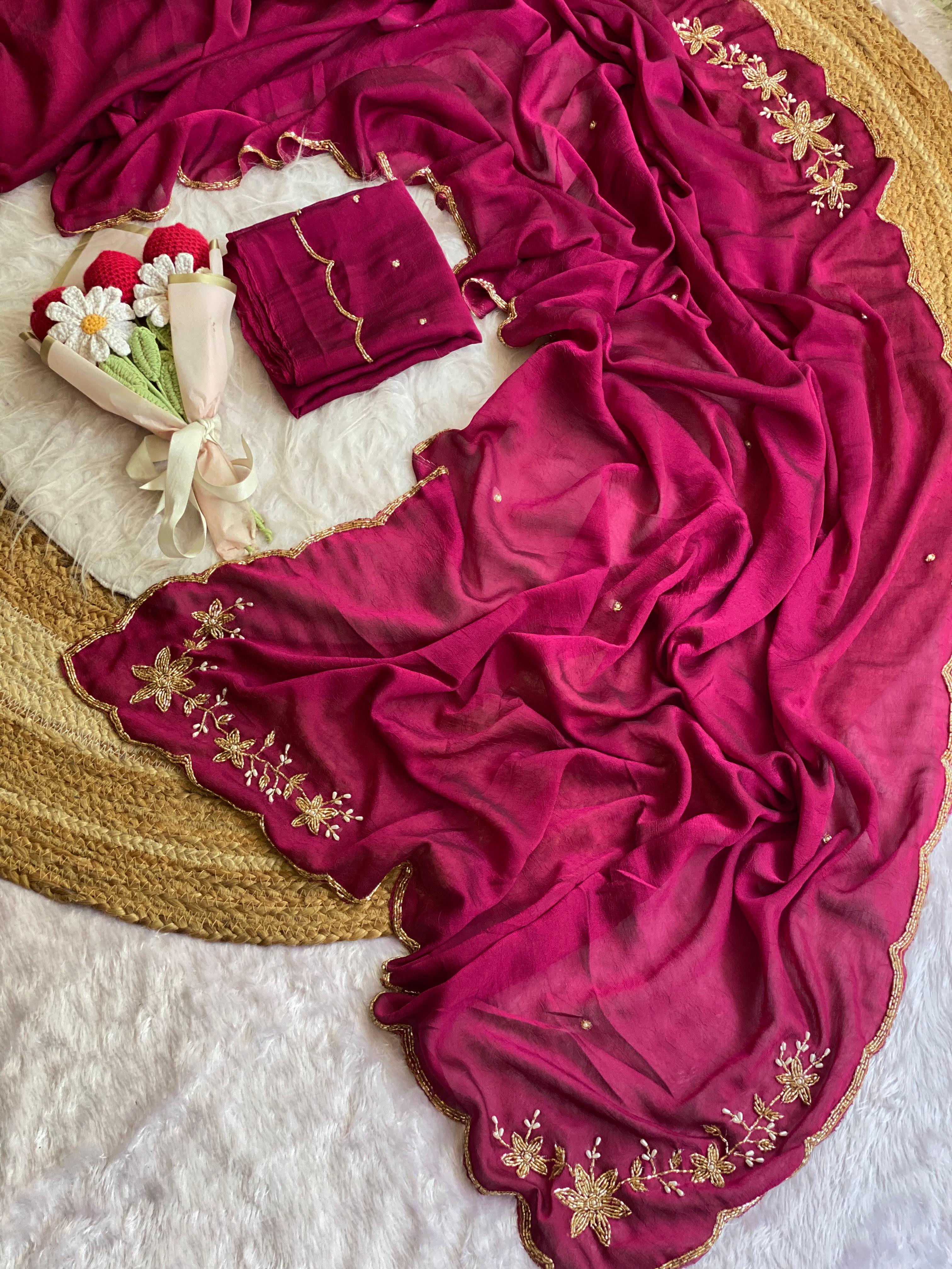 Glamorous Wedding Wear Soft Crush Silk Handwork Butta Fancy Designer Saree For Occasion