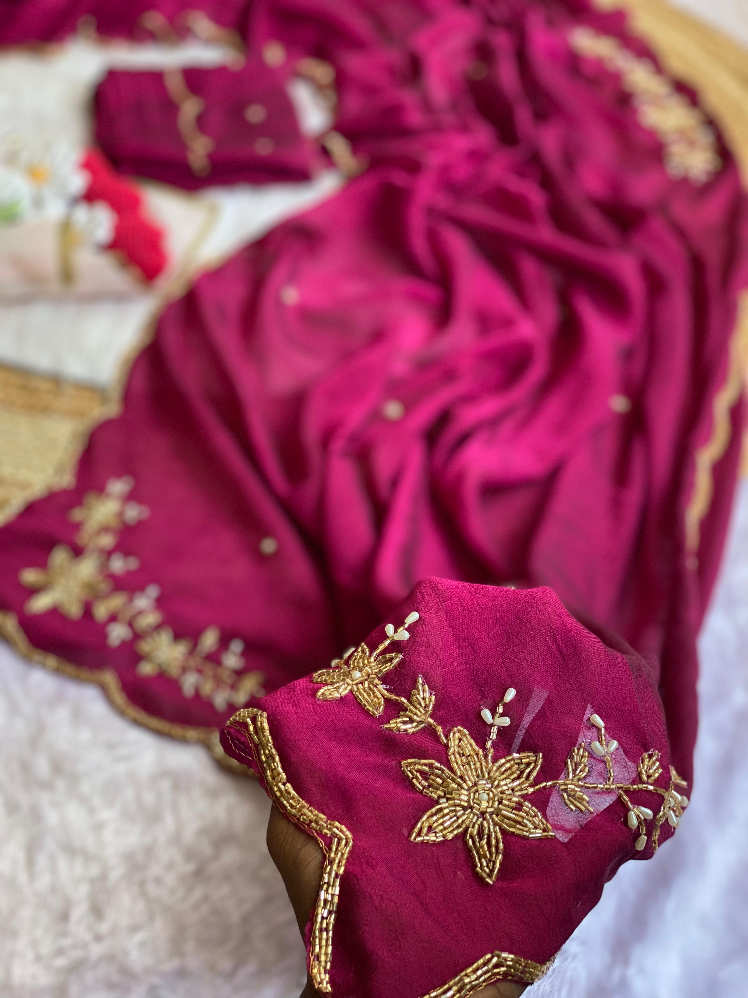 Glamorous Wedding Wear Soft Crush Silk Handwork Butta Fancy Designer Saree For Occasion