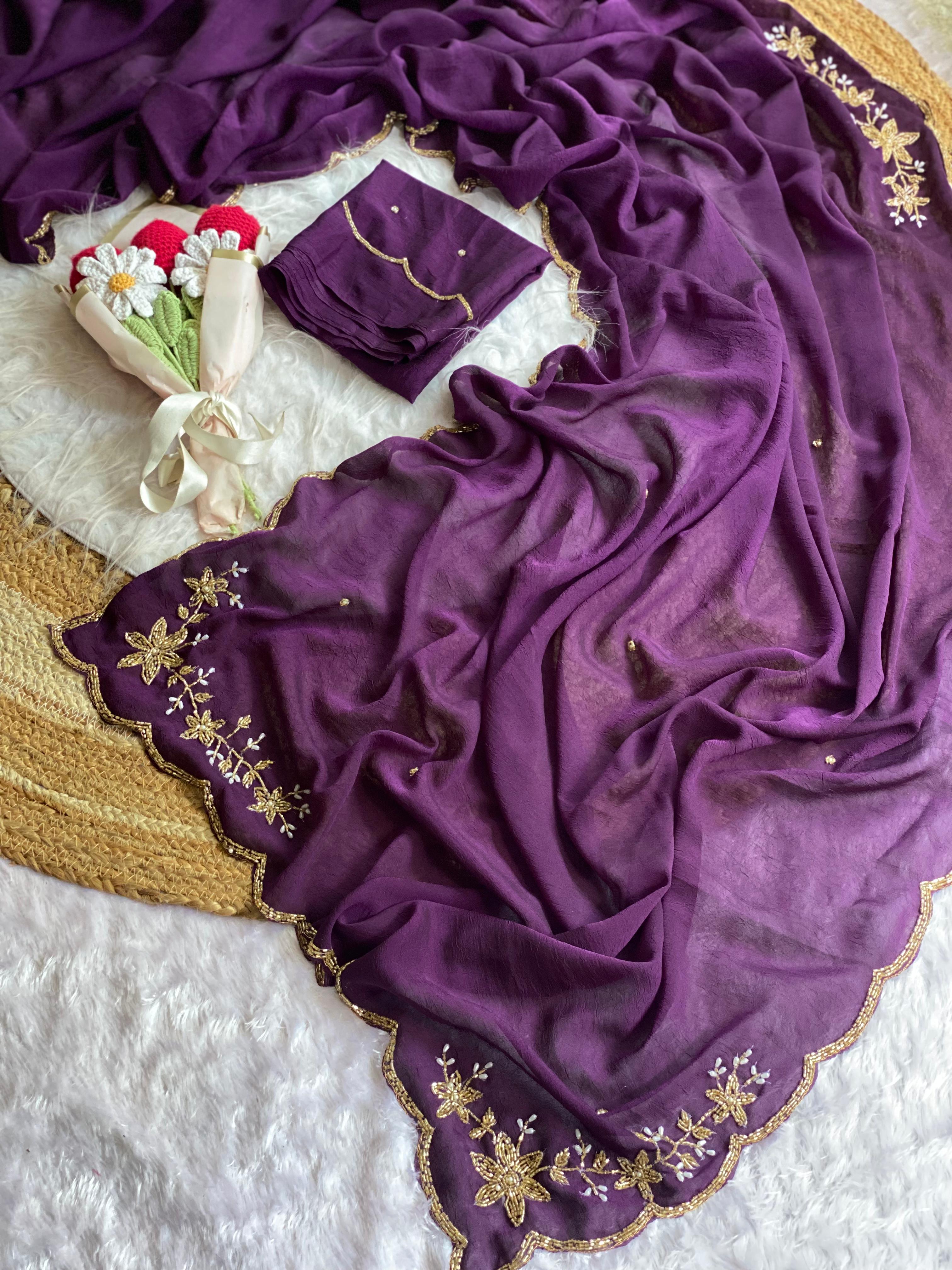 Glamorous Wedding Wear Soft Crush Silk Handwork Butta Fancy Designer Saree For Occasion