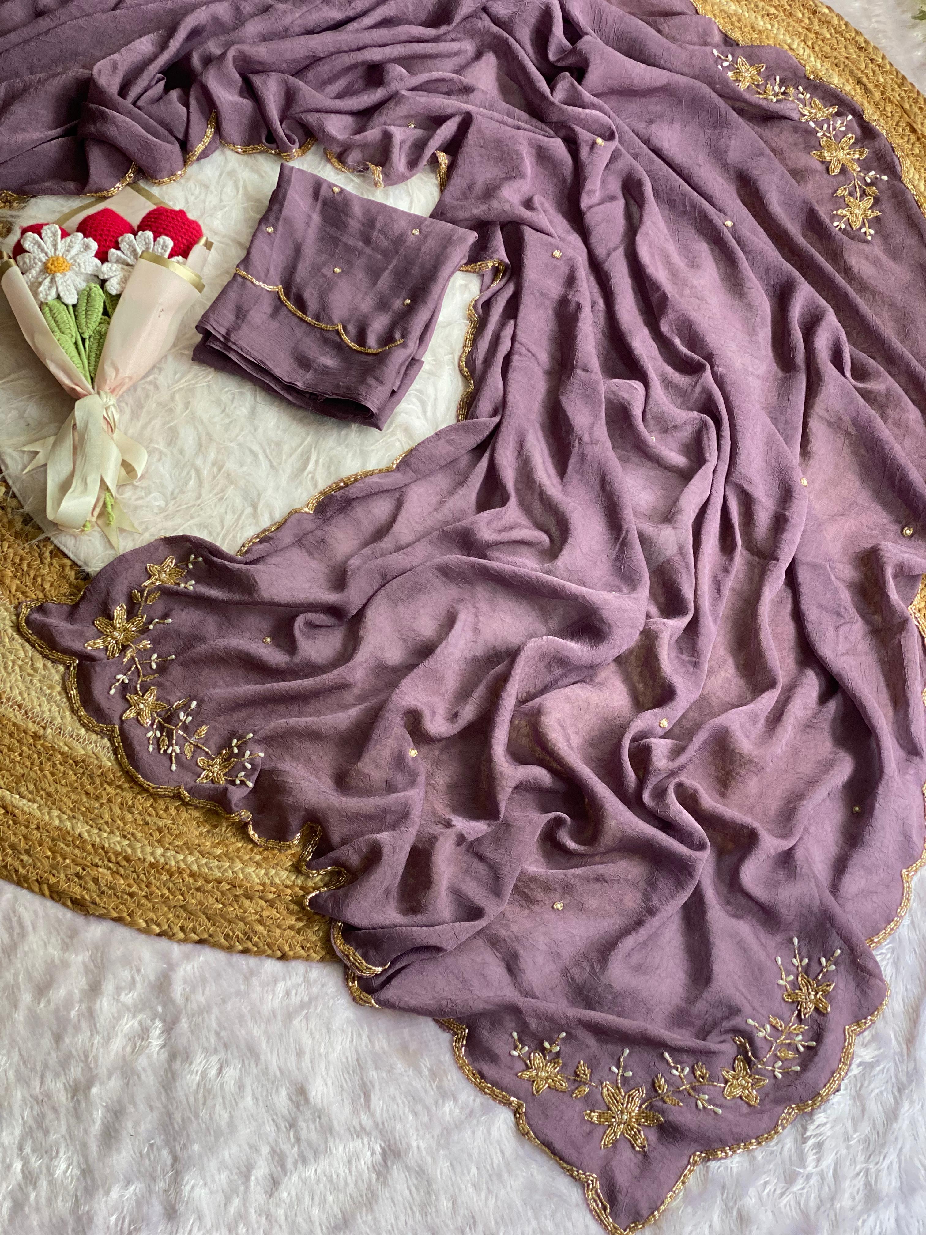Glamorous Wedding Wear Soft Crush Silk Handwork Butta Fancy Designer Saree For Occasion