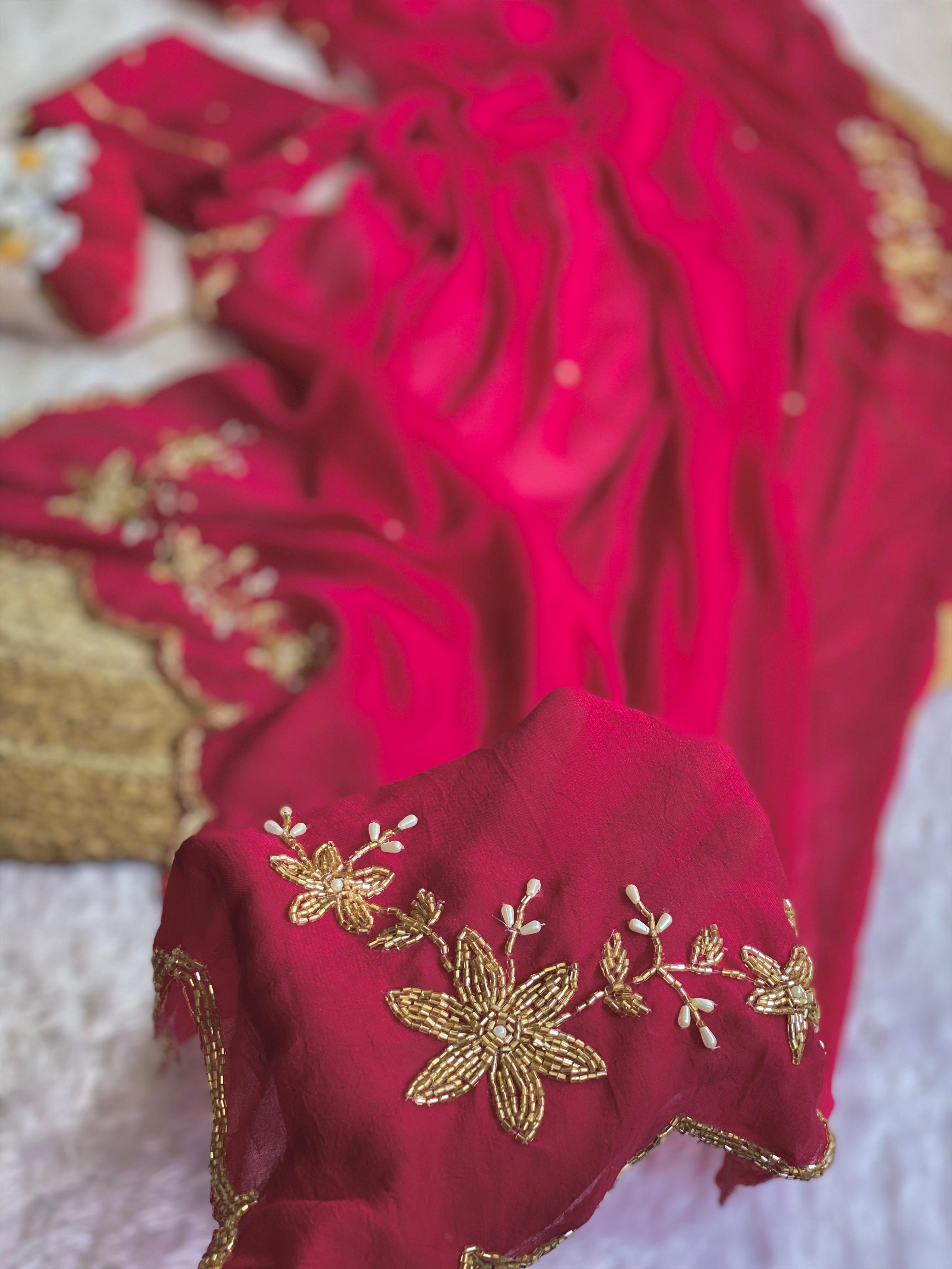 Glamorous Wedding Wear Soft Crush Silk Handwork Butta Fancy Designer Saree For Occasion