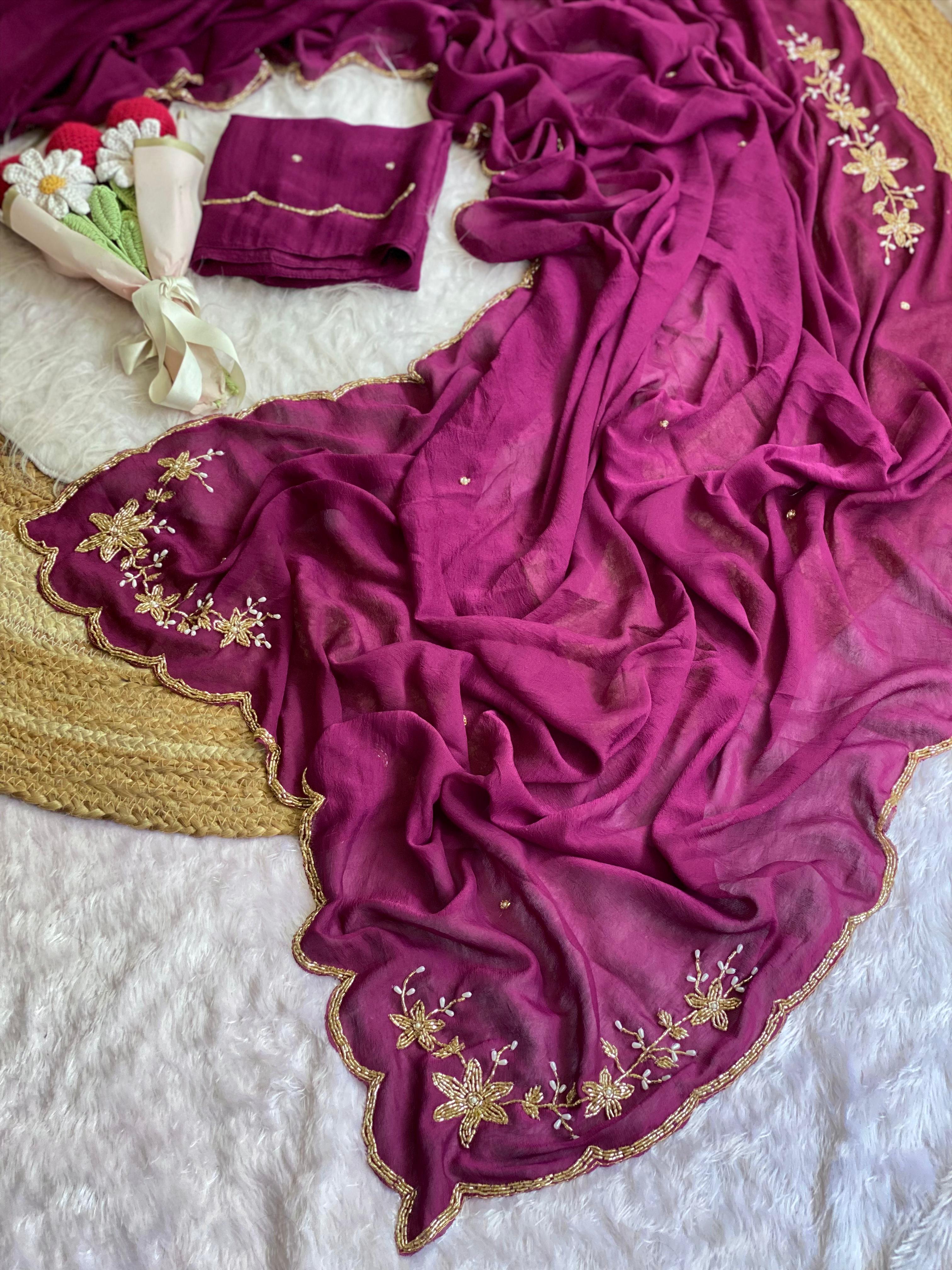 Glamorous Wedding Wear Soft Crush Silk Handwork Butta Fancy Designer Saree For Occasion