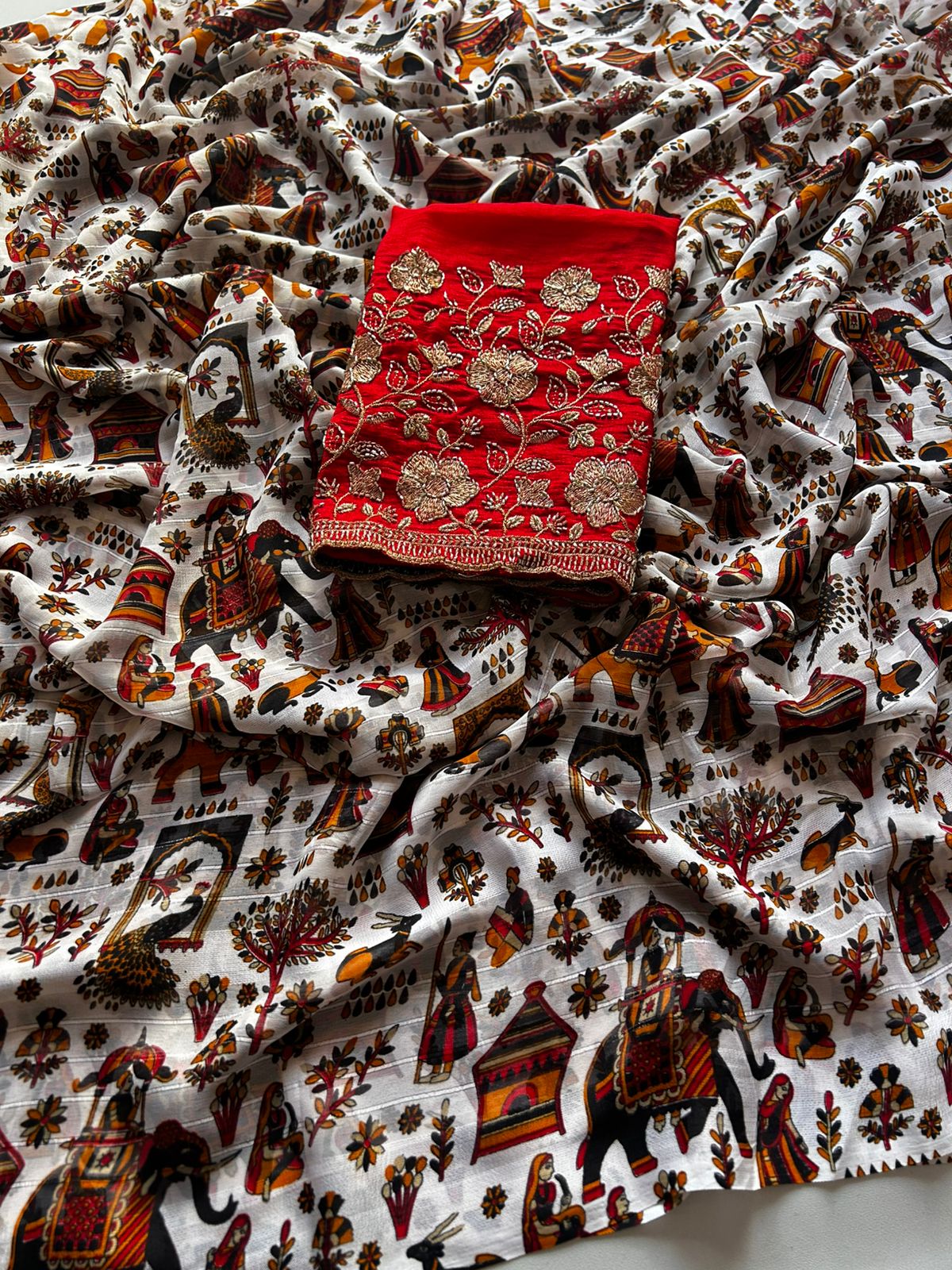 Desiring Function Wear Georgette Kalamkari Print n Beads Work Designer Saree With Contrast Blouse Piece