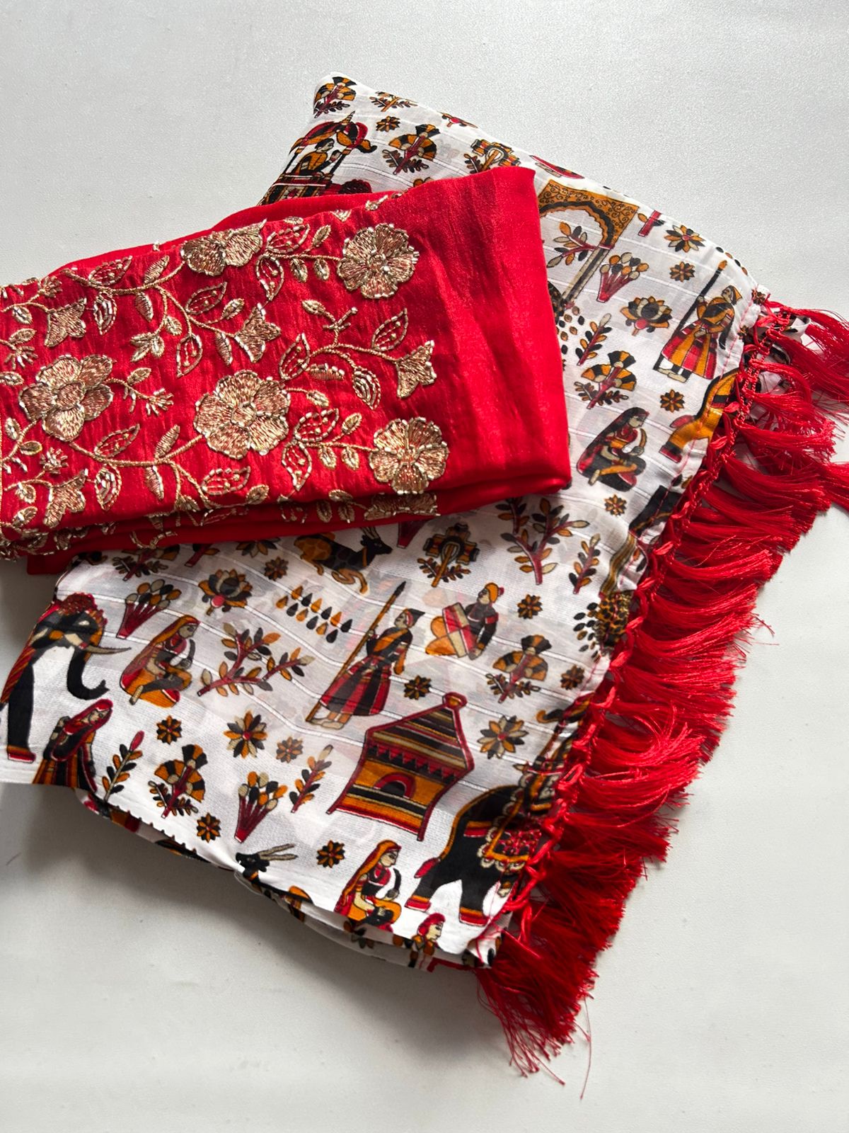 Desiring Function Wear Georgette Kalamkari Print n Beads Work Designer Saree With Contrast Blouse Piece