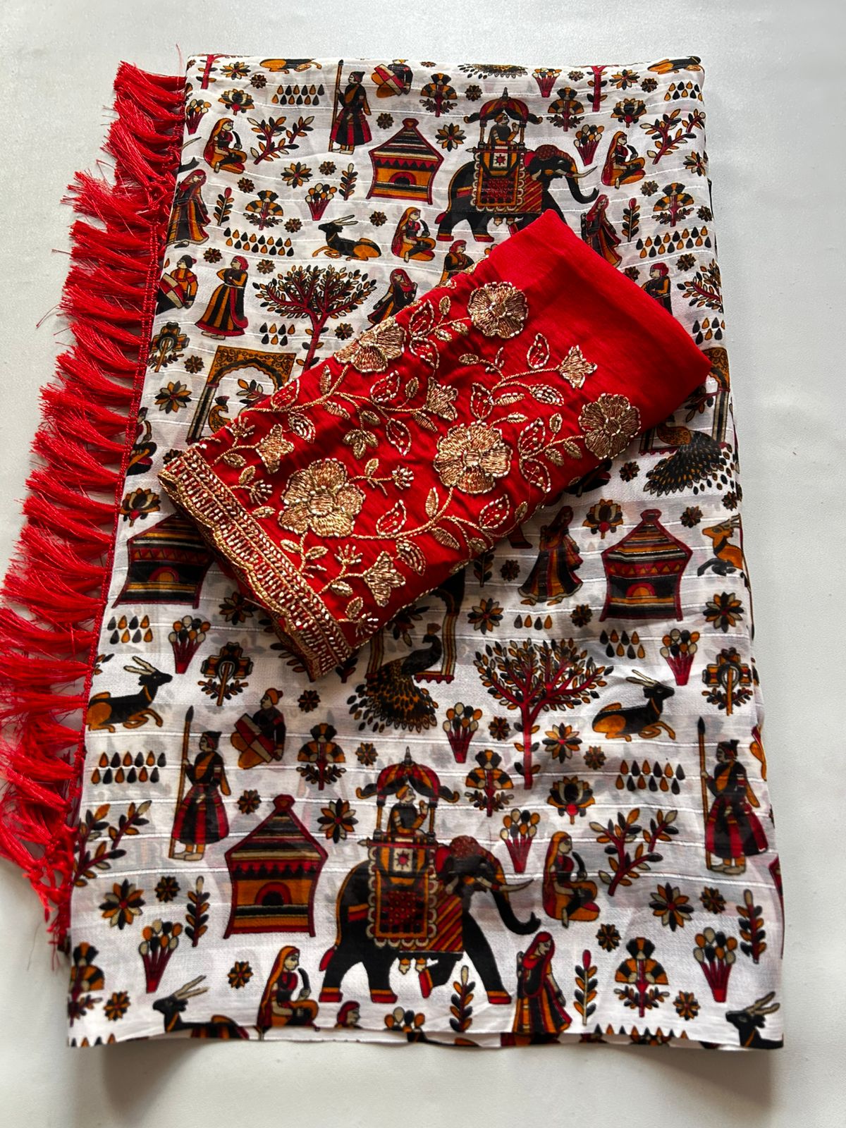 Desiring Function Wear Georgette Kalamkari Print n Beads Work Designer Saree With Contrast Blouse Piece