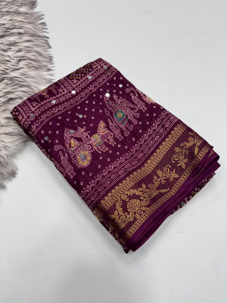 Marvellous Party Wear Pure Soft Dola Silk Printed Rich Pallu n Mirror Work Fancy Saree For Women
