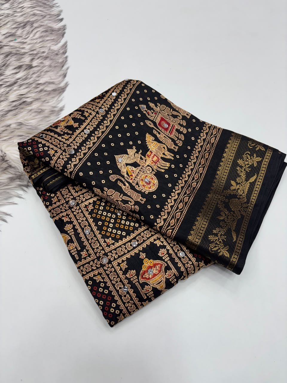 Marvellous Party Wear Pure Soft Dola Silk Printed Rich Pallu n Mirror Work Fancy Saree For Women