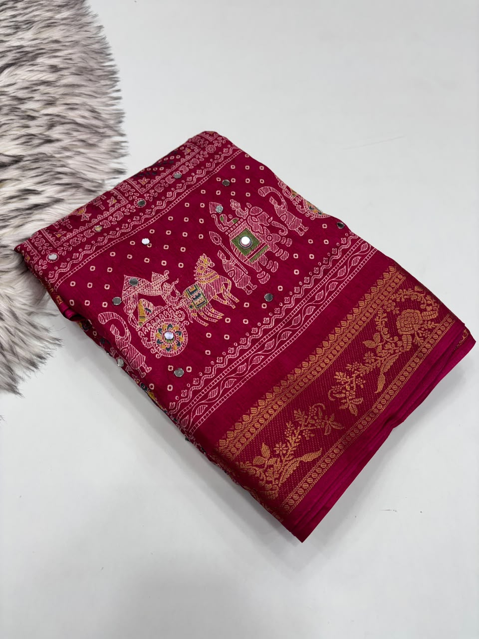 Marvellous Party Wear Pure Soft Dola Silk Printed Rich Pallu n Mirror Work Fancy Saree For Women