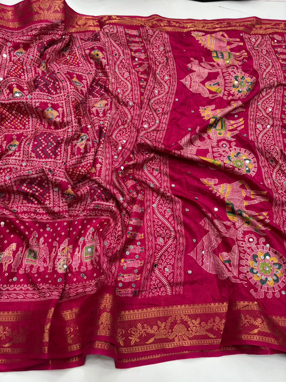 Marvellous Party Wear Pure Soft Dola Silk Printed Rich Pallu n Mirror Work Fancy Saree For Women