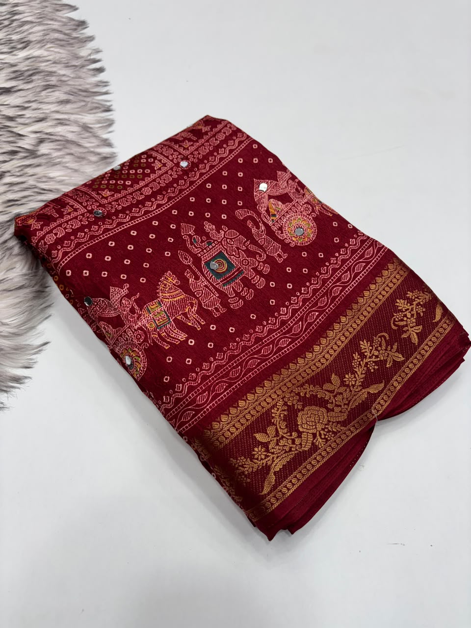Marvellous Party Wear Pure Soft Dola Silk Printed Rich Pallu n Mirror Work Fancy Saree For Women