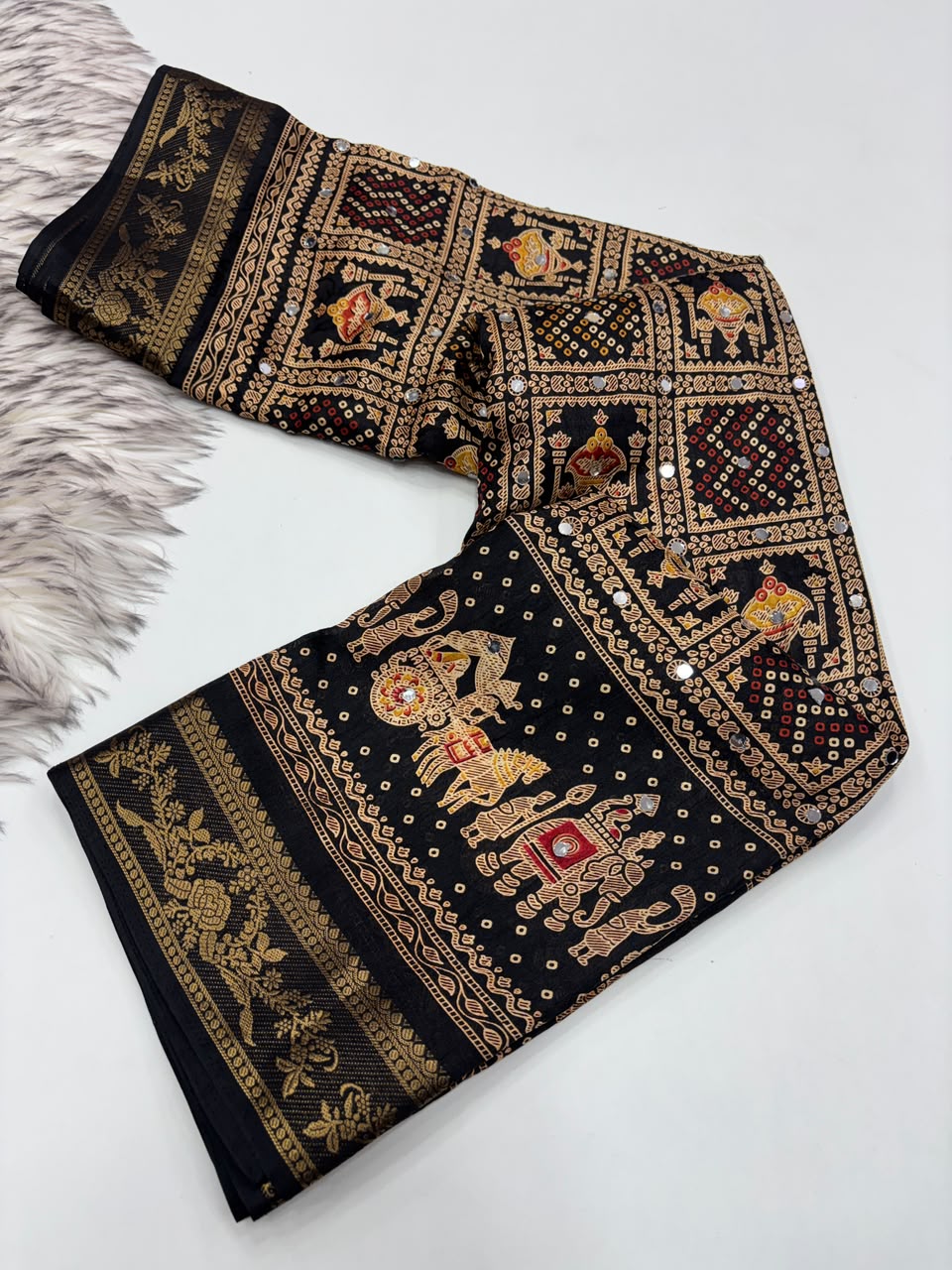 Marvellous Party Wear Pure Soft Dola Silk Printed Rich Pallu n Mirror Work Fancy Saree For Women