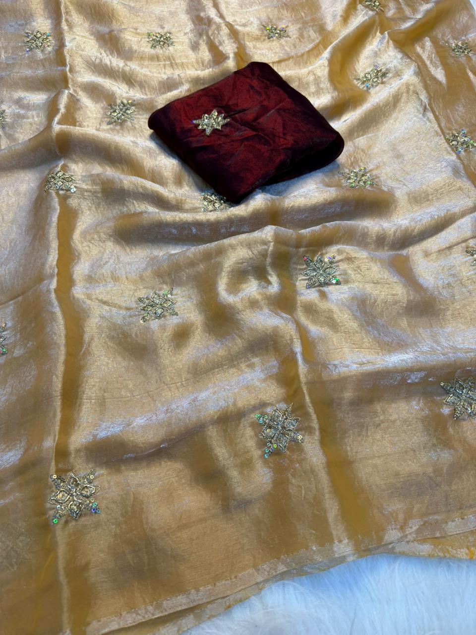 Charismatic Party Wear Silk Embroidery n Beads Work Saree Matching With Blouse Piece