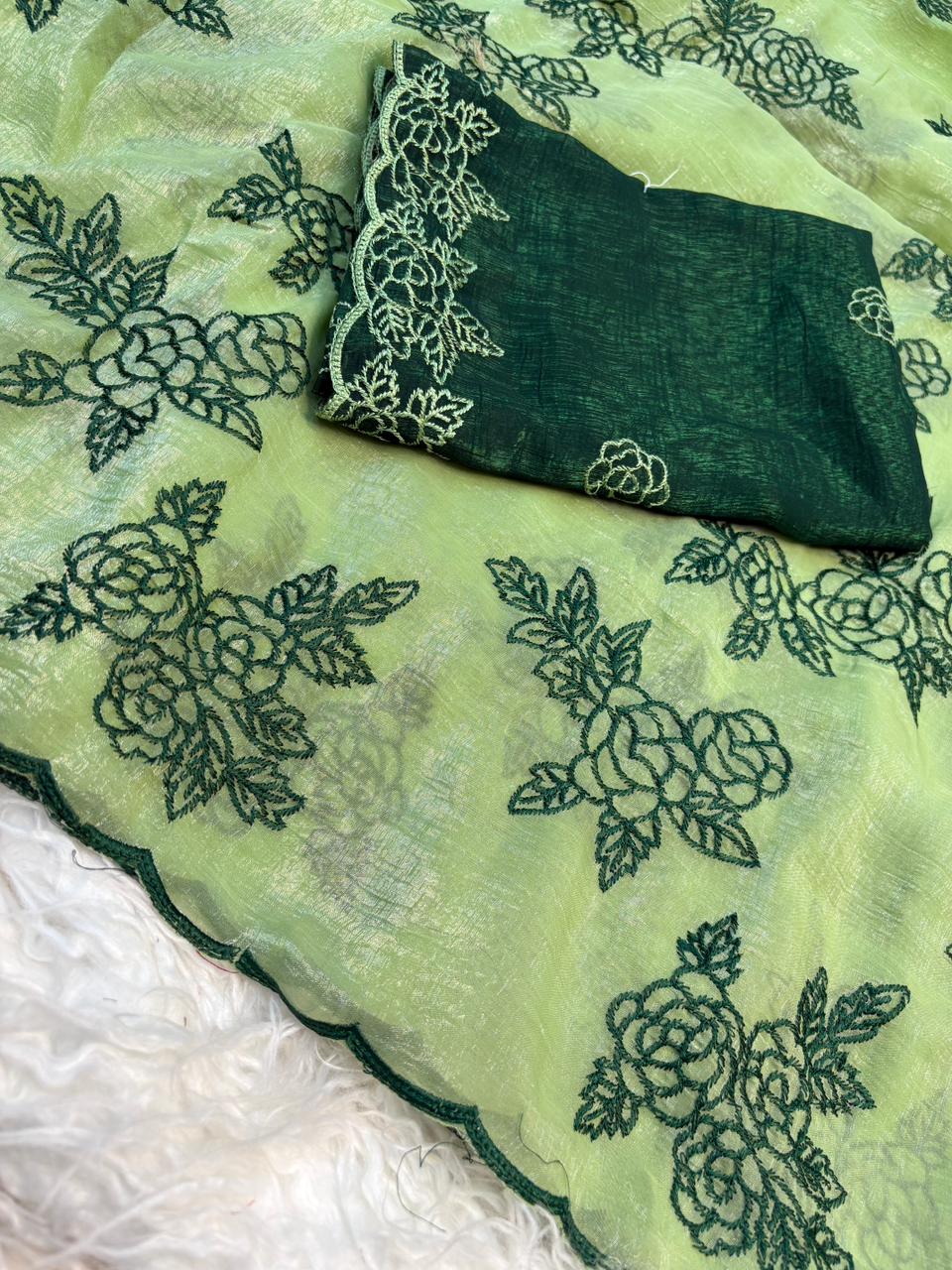 Gorgeous Party Wear Crunchy Silk Embroidery Work Fancy Saree With Contrast Blouse Piece