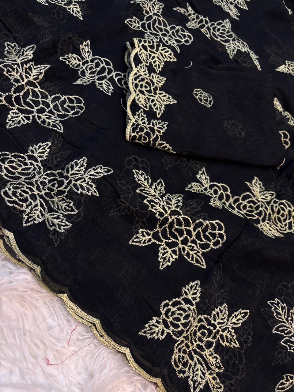 Gorgeous Party Wear Crunchy Silk Embroidery Work Fancy Saree With Contrast Blouse Piece