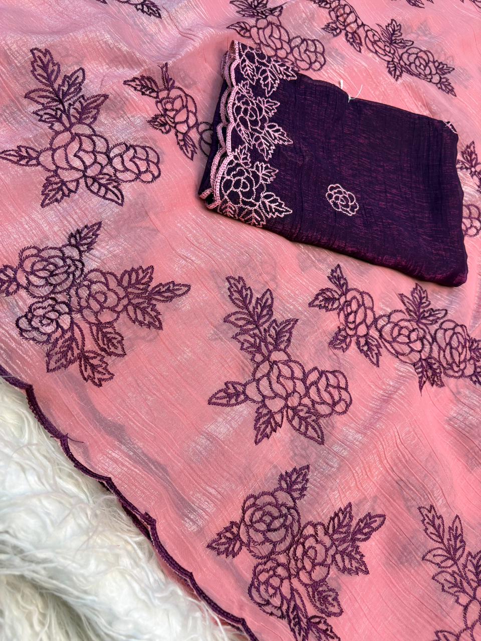 Gorgeous Party Wear Crunchy Silk Embroidery Work Fancy Saree With Contrast Blouse Piece