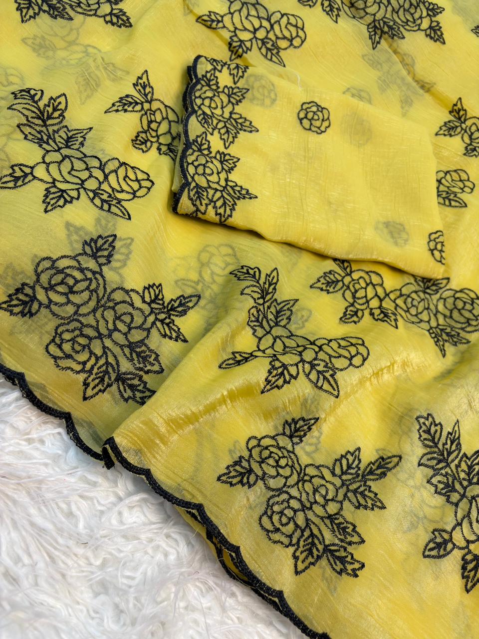 Gorgeous Party Wear Crunchy Silk Embroidery Work Fancy Saree With Contrast Blouse Piece