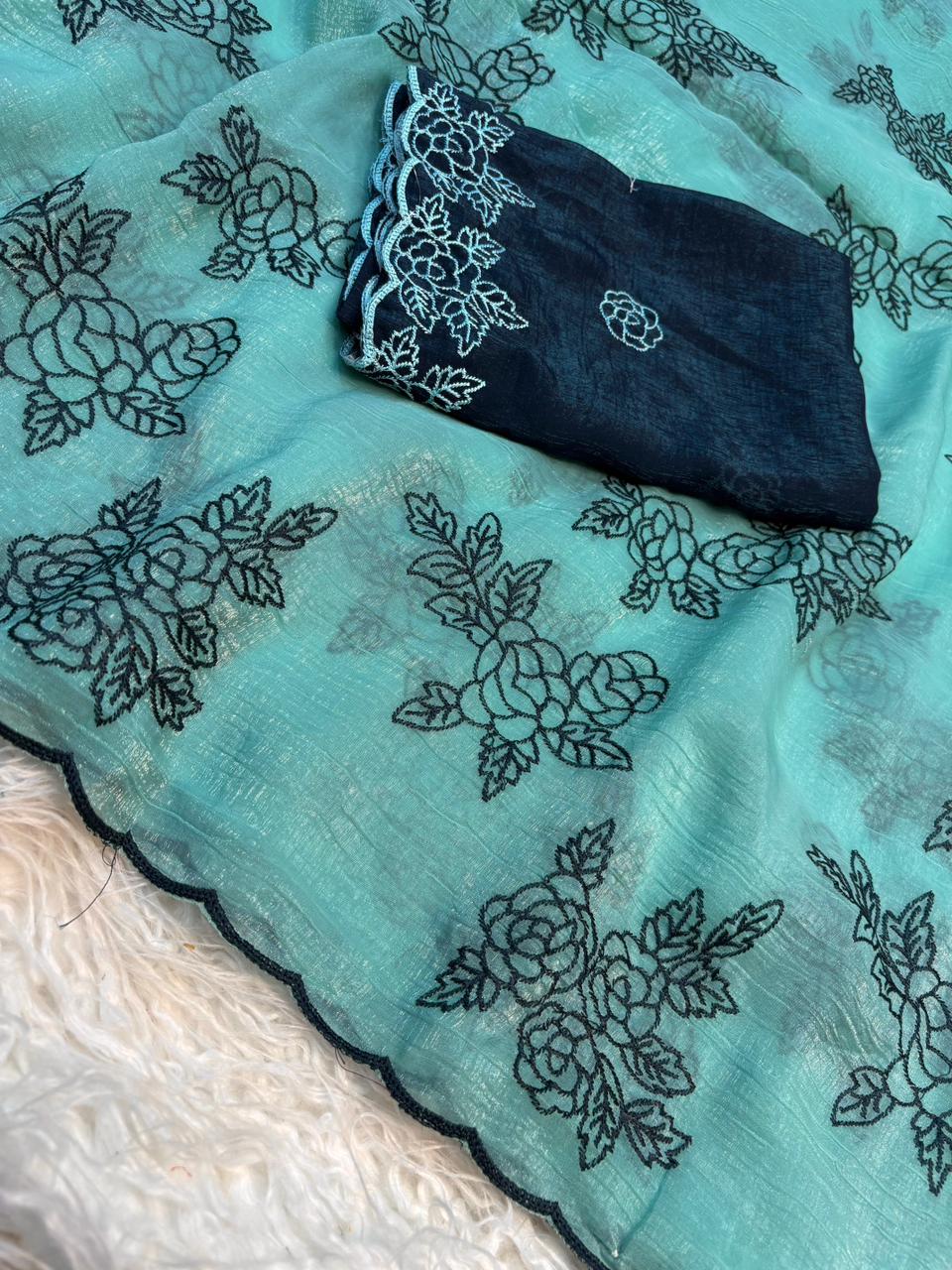 Gorgeous Party Wear Crunchy Silk Embroidery Work Fancy Saree With Contrast Blouse Piece