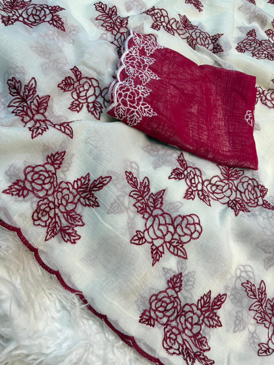 Gorgeous Party Wear Crunchy Silk Embroidery Work Fancy Saree With Contrast Blouse Piece