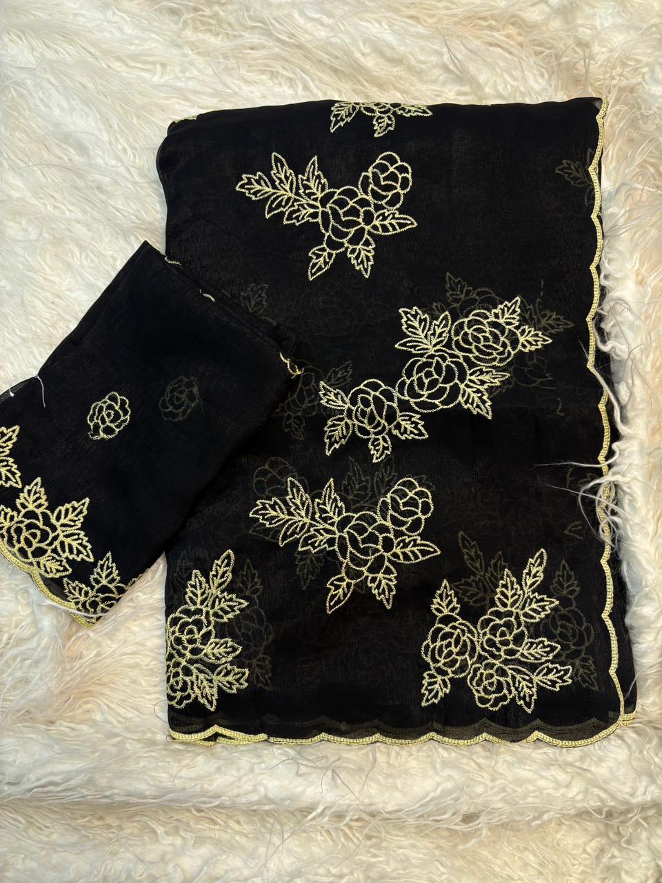 Gorgeous Party Wear Crunchy Silk Embroidery Work Fancy Saree With Contrast Blouse Piece