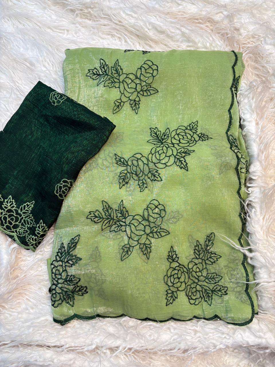 Gorgeous Party Wear Crunchy Silk Embroidery Work Fancy Saree With Contrast Blouse Piece