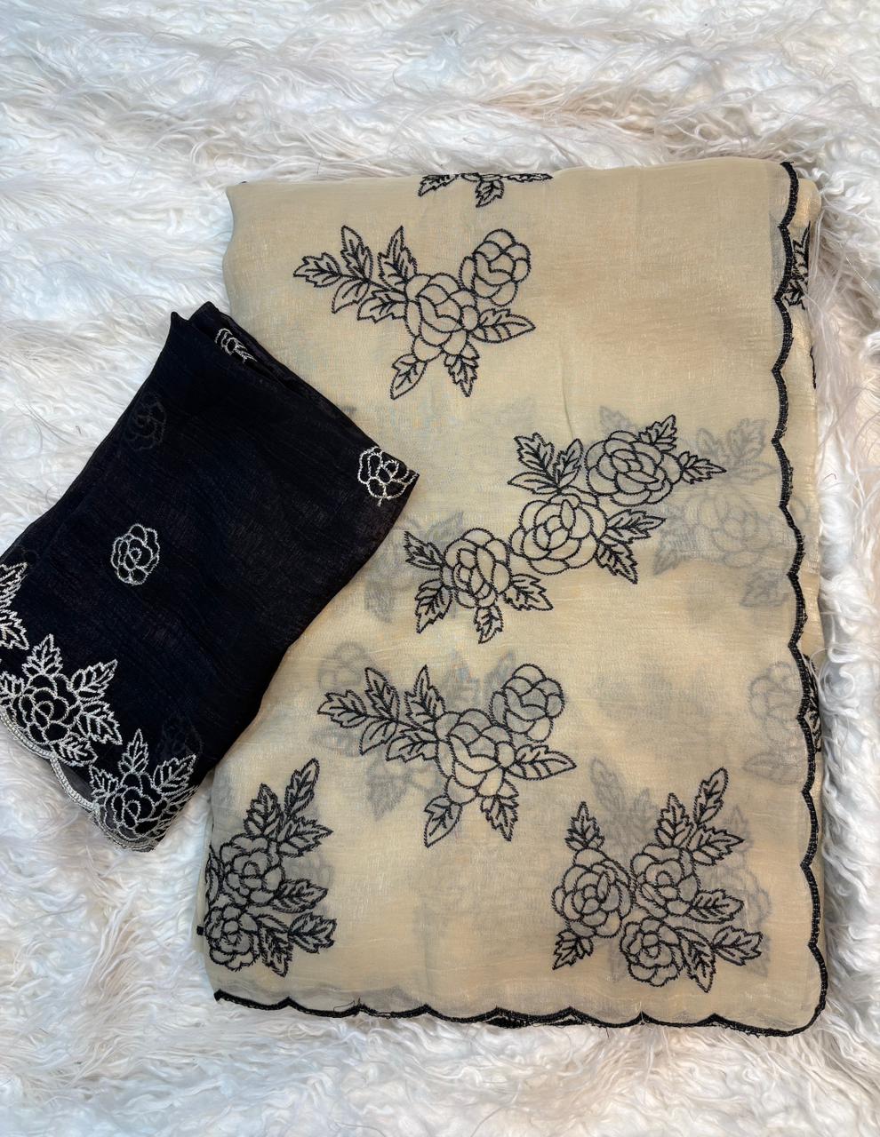 Gorgeous Party Wear Crunchy Silk Embroidery Work Fancy Saree With Contrast Blouse Piece