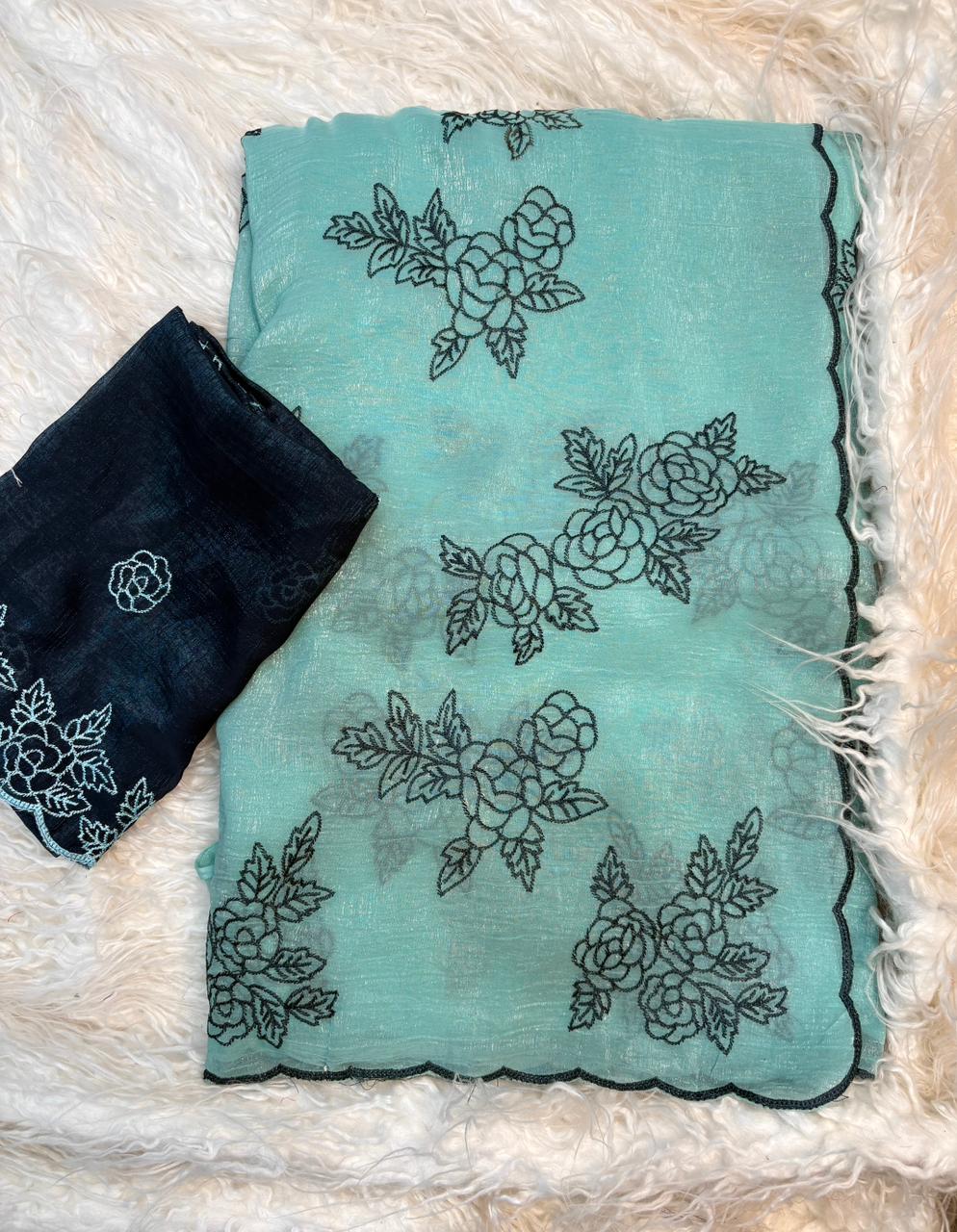 Gorgeous Party Wear Crunchy Silk Embroidery Work Fancy Saree With Contrast Blouse Piece