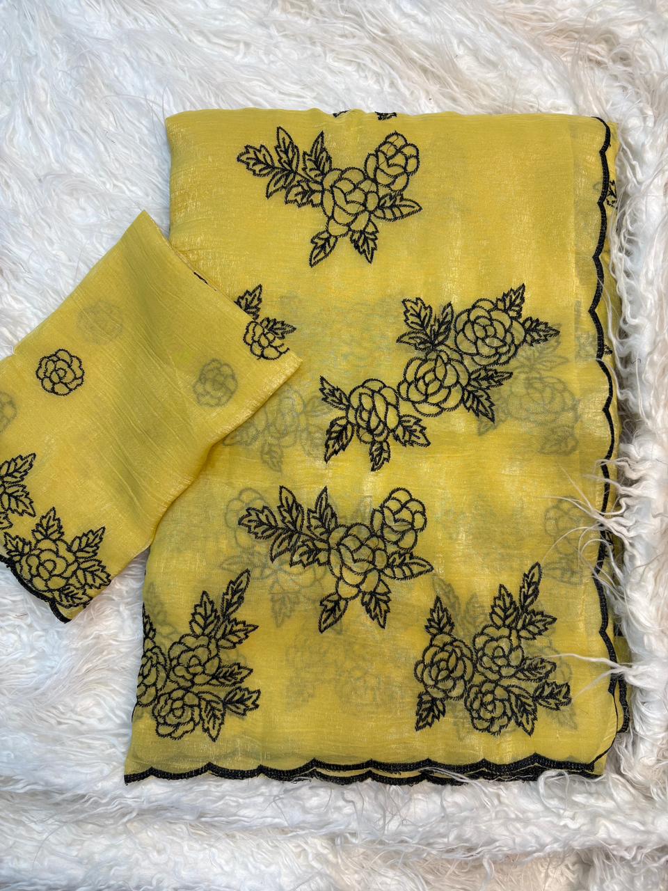 Gorgeous Party Wear Crunchy Silk Embroidery Work Fancy Saree With Contrast Blouse Piece