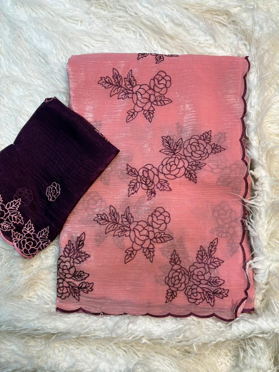 Gorgeous Party Wear Crunchy Silk Embroidery Work Fancy Saree With Contrast Blouse Piece
