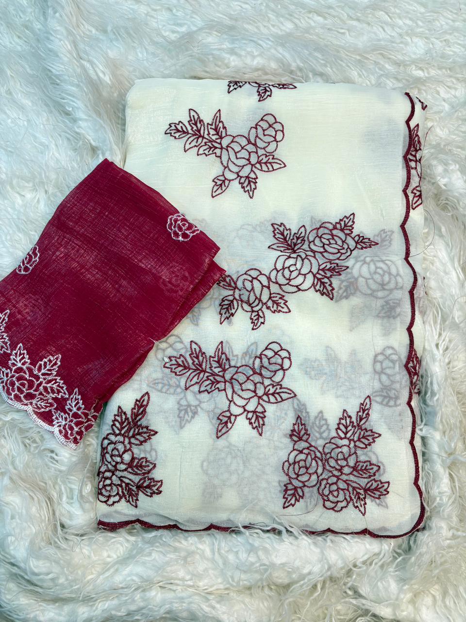 Gorgeous Party Wear Crunchy Silk Embroidery Work Fancy Saree With Contrast Blouse Piece