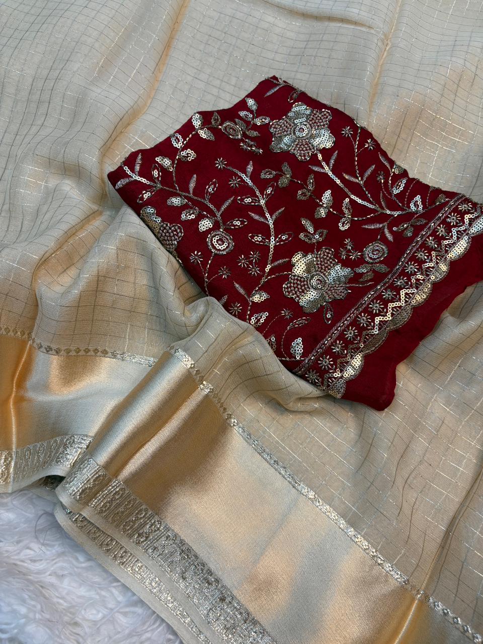 Desirable Festive Wear Pure Viscose Georgette Zari Weaving Work Saree With Heavy Blouse Piece