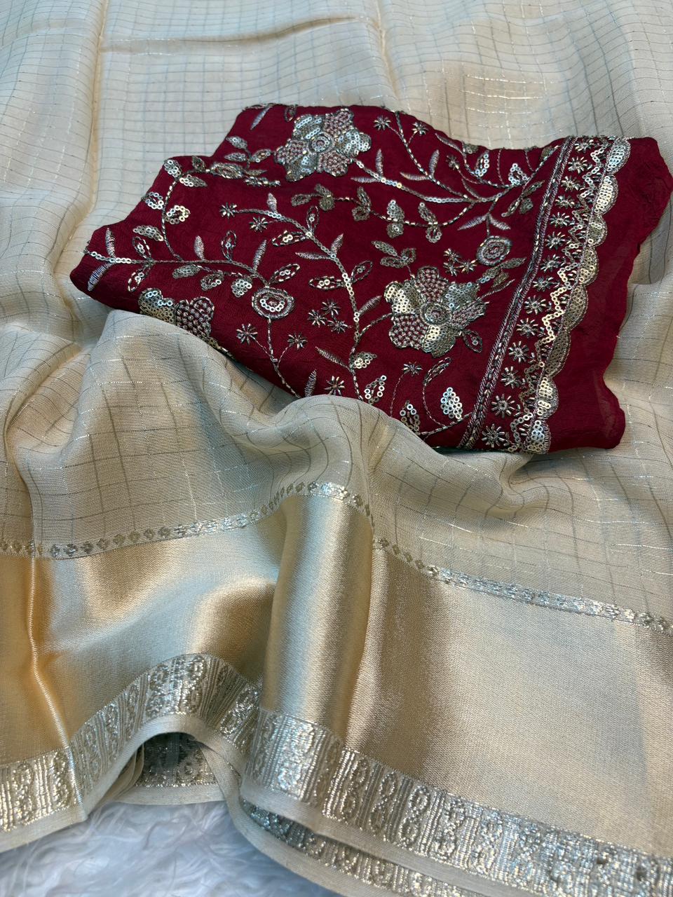 Desirable Festive Wear Pure Viscose Georgette Zari Weaving Work Saree With Heavy Blouse Piece