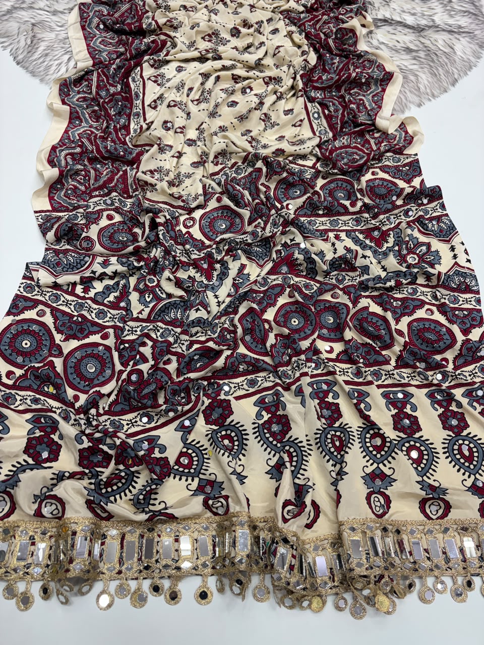 Alverina Party Wear Pure Satin Silk Ajrak Printed Rich Pallu n Mirror Work Fancy  Saree With Blouse Piece