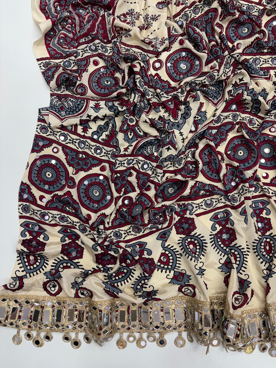 Alverina Party Wear Pure Satin Silk Ajrak Printed Rich Pallu n Mirror Work Fancy  Saree With Blouse Piece