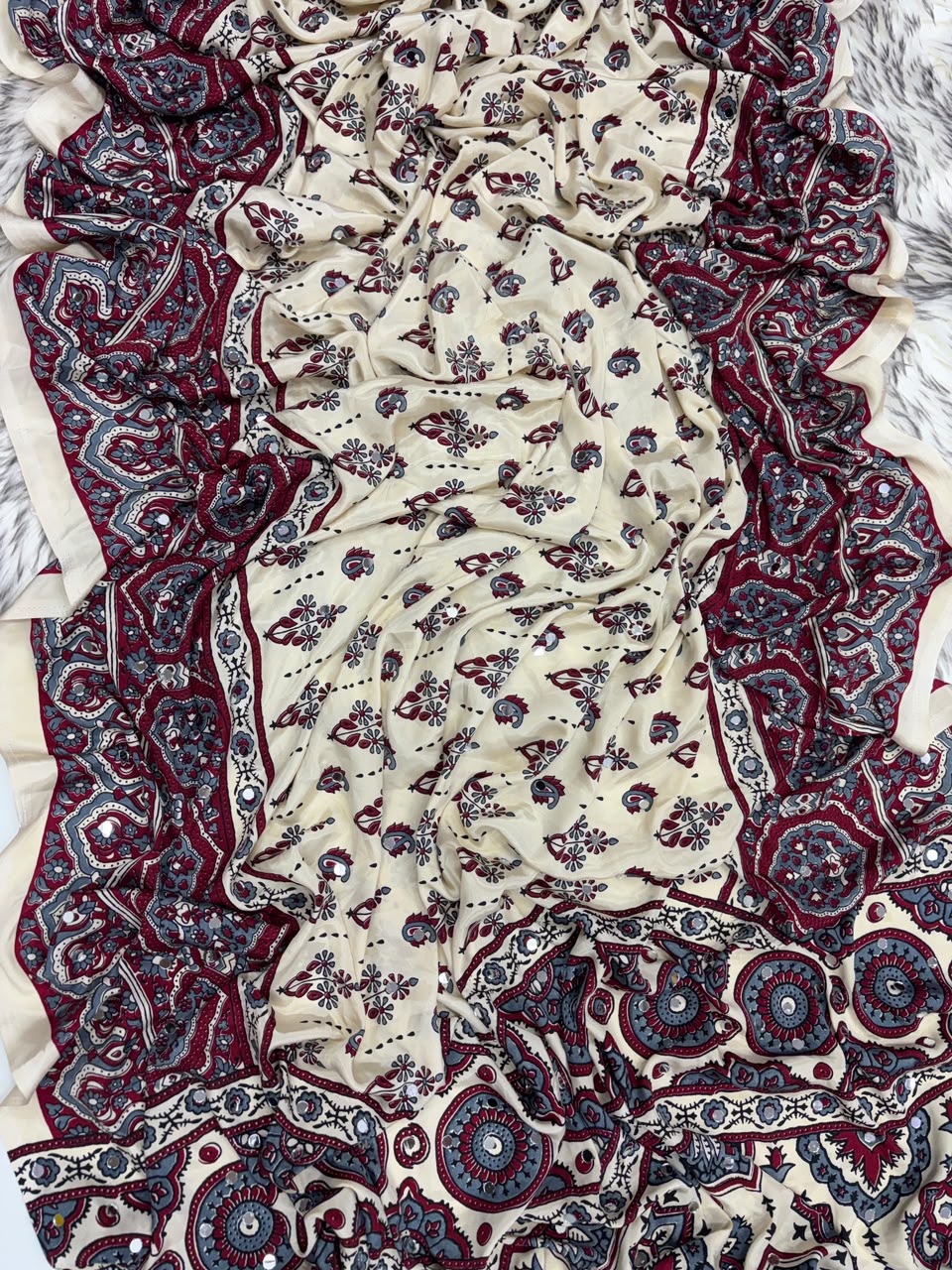 Alverina Party Wear Pure Satin Silk Ajrak Printed Rich Pallu n Mirror Work Fancy  Saree With Blouse Piece