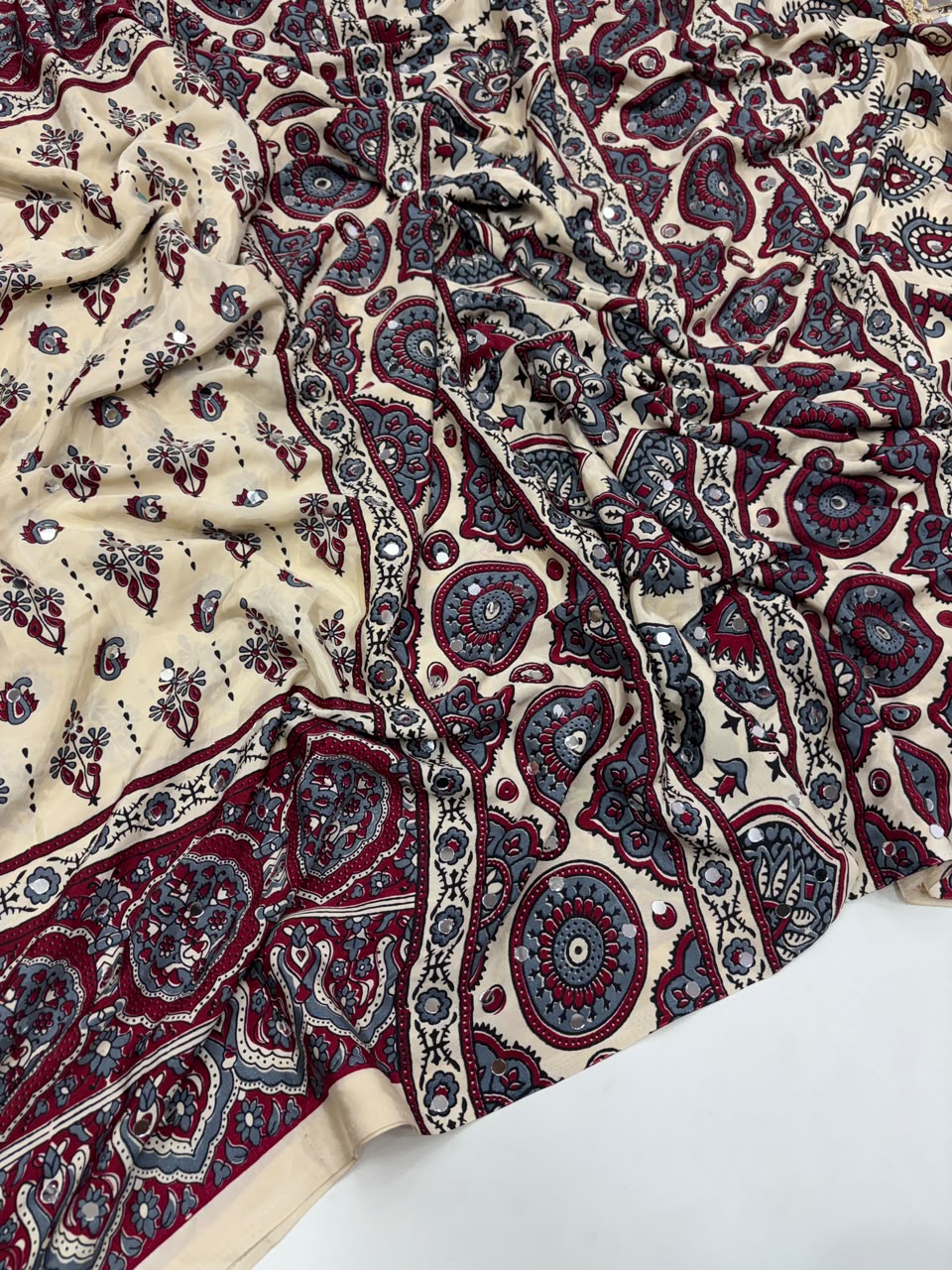 Alverina Party Wear Pure Satin Silk Ajrak Printed Rich Pallu n Mirror Work Fancy  Saree With Blouse Piece